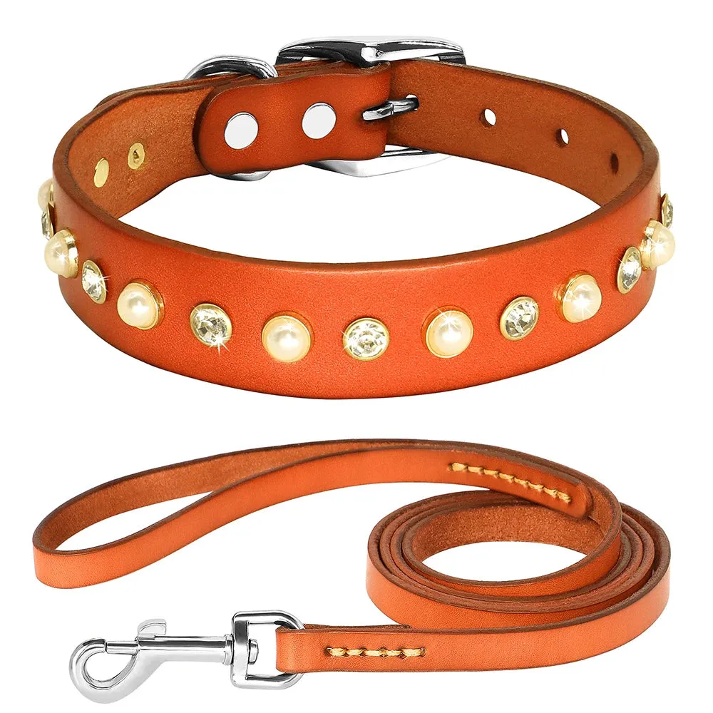 Luxury Rhinestone Leather Dog Leash and Collar Set - For Small to Medium Breeds