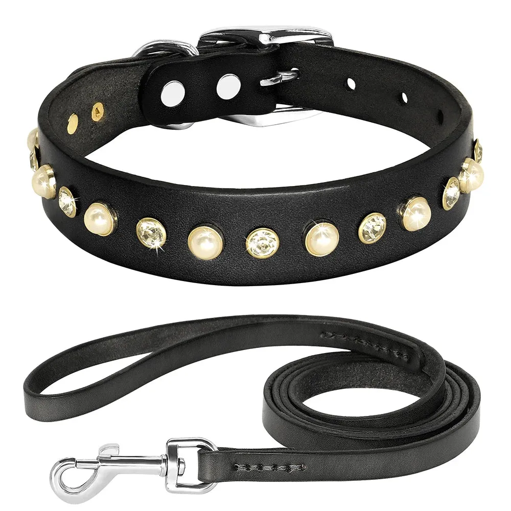 Luxury Rhinestone Leather Dog Leash and Collar Set - For Small to Medium Breeds