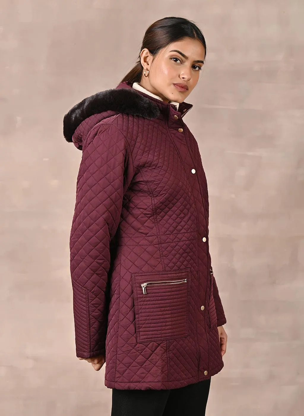 Maroon Quilted Jacket with attached Hood