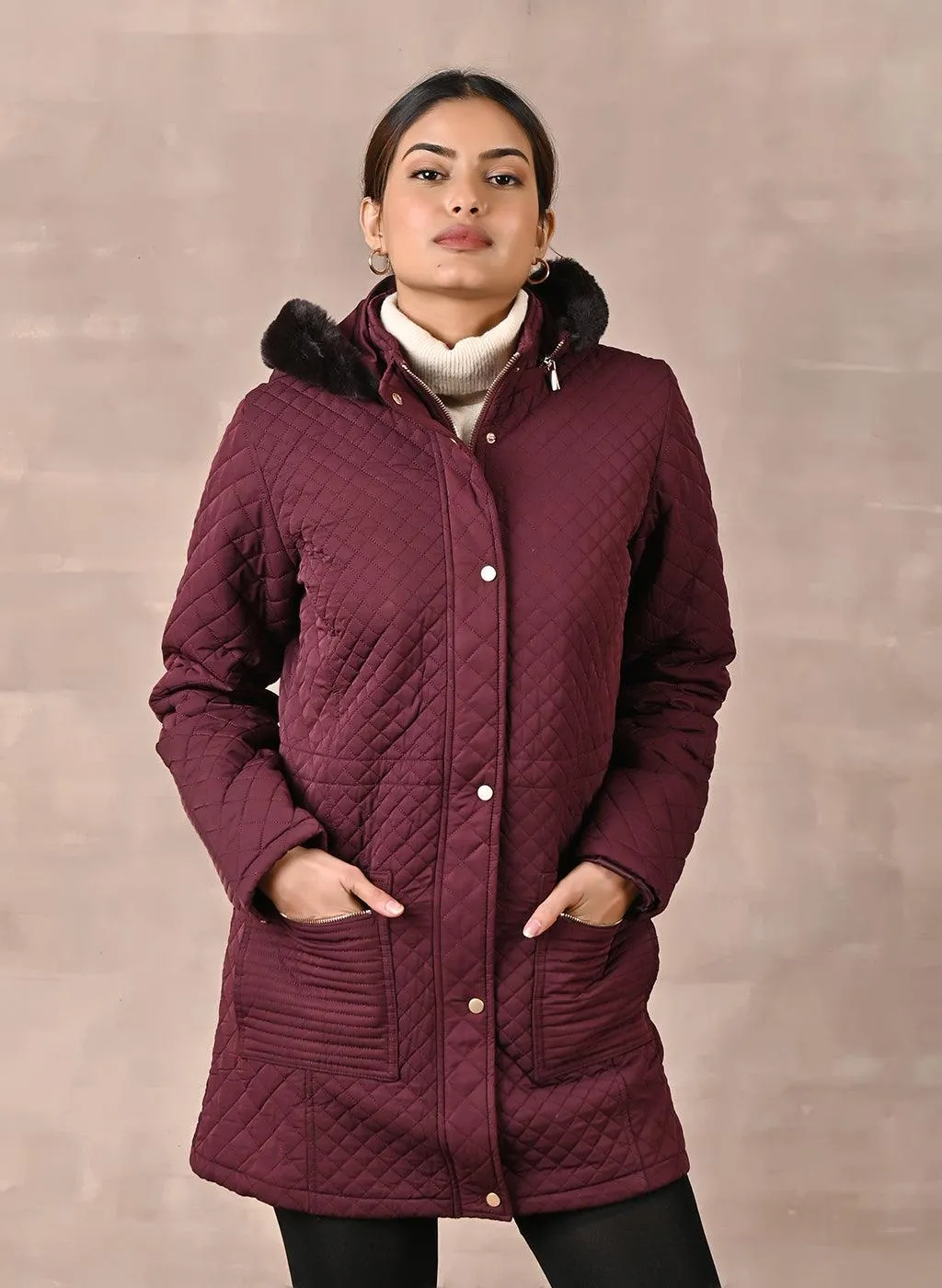 Maroon Quilted Jacket with attached Hood