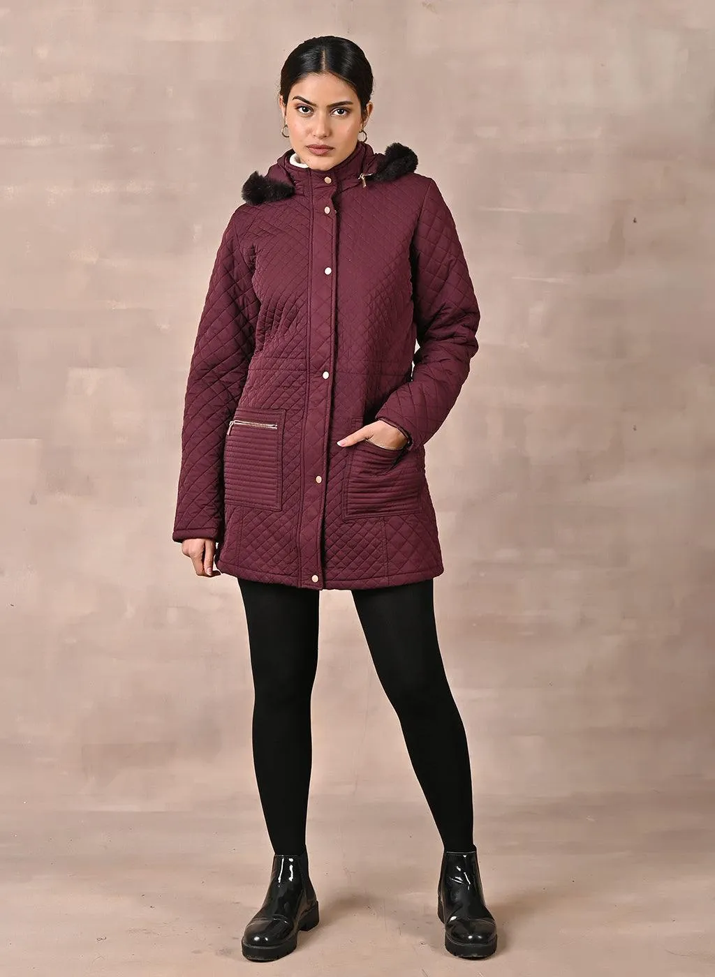 Maroon Quilted Jacket with attached Hood