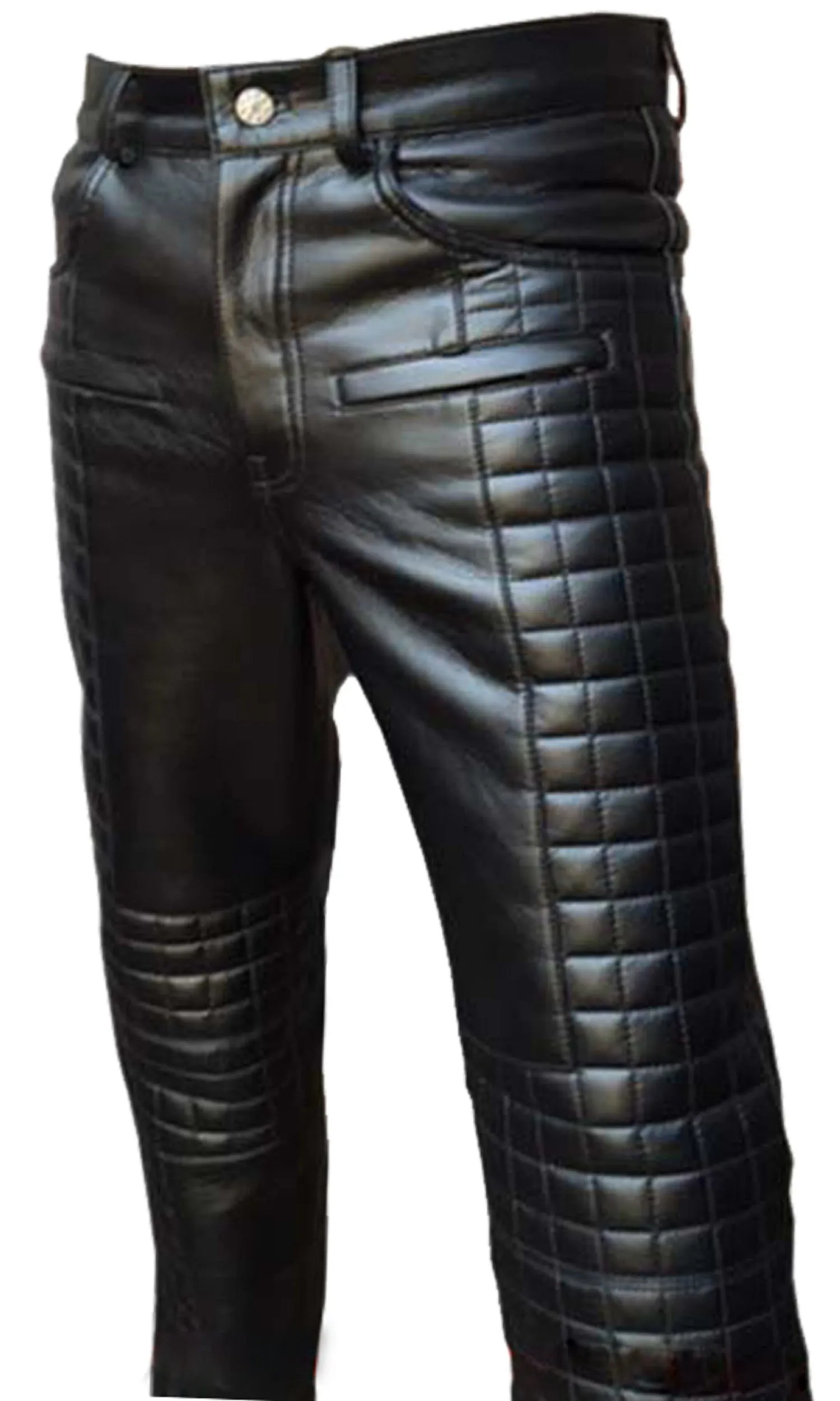 Mens Bikers Pants Black And Brown Leather Quilted Design Motorcycle Jeans Trouser (502)