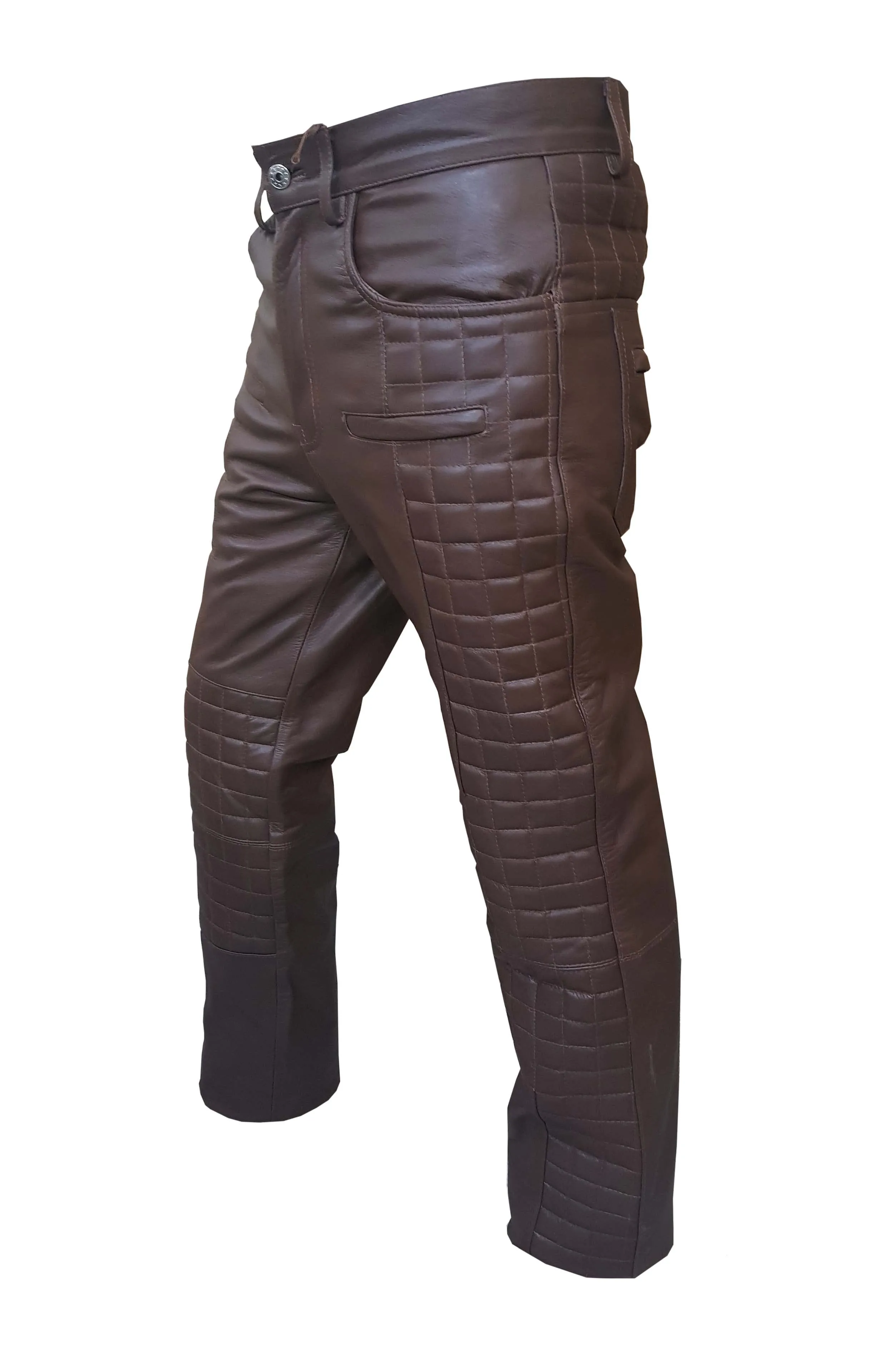 Mens Bikers Pants Black And Brown Leather Quilted Design Motorcycle Jeans Trouser (502)