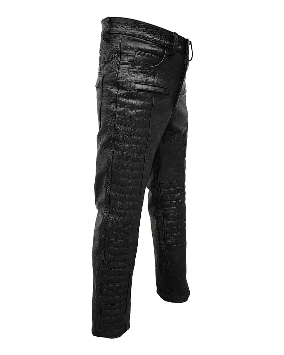 Mens Black Crocodile Print Leather Quilted Design Motorcycle Bikers Pants Jeans Trouser-502