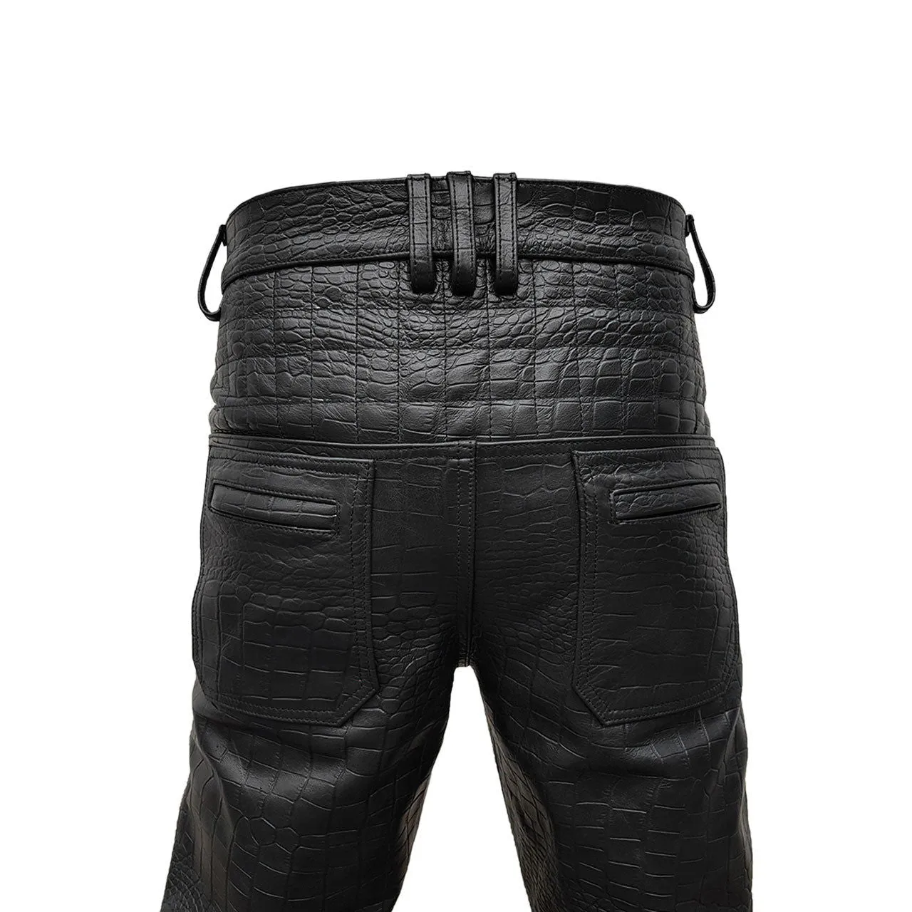 Mens Black Crocodile Print Leather Quilted Design Motorcycle Bikers Pants Jeans Trouser-502