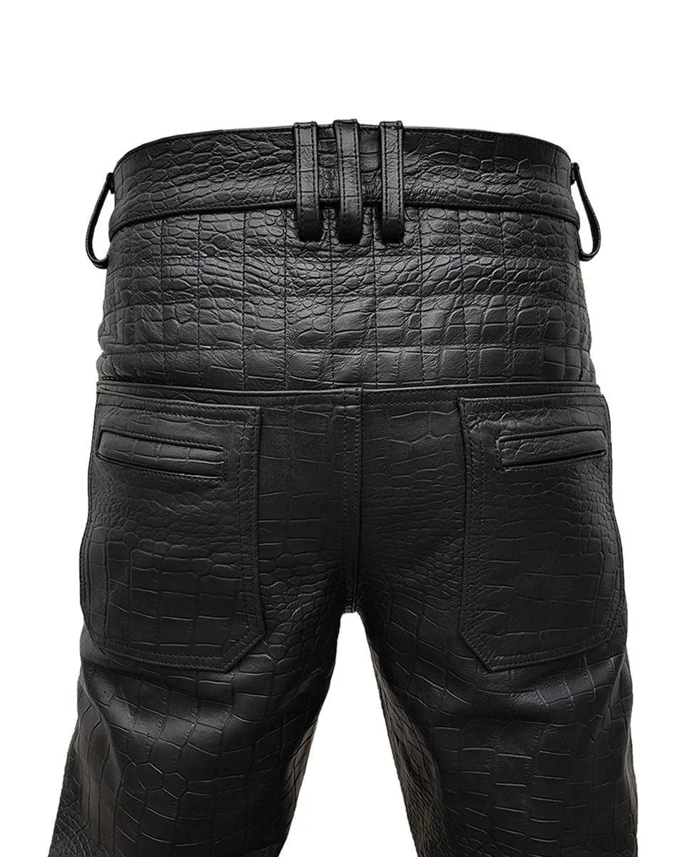 Mens Black Crocodile Print Leather Quilted Design Motorcycle Bikers Pants Jeans Trouser-502