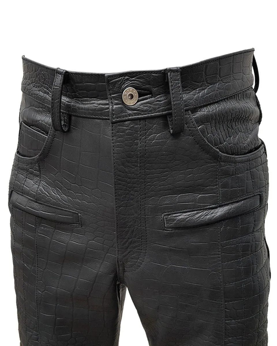 Mens Black Crocodile Print Leather Quilted Design Motorcycle Bikers Pants Jeans Trouser-502