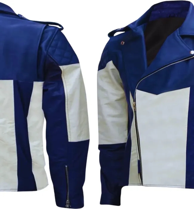 Mens Blue and White Motorcycle Leather Jacket