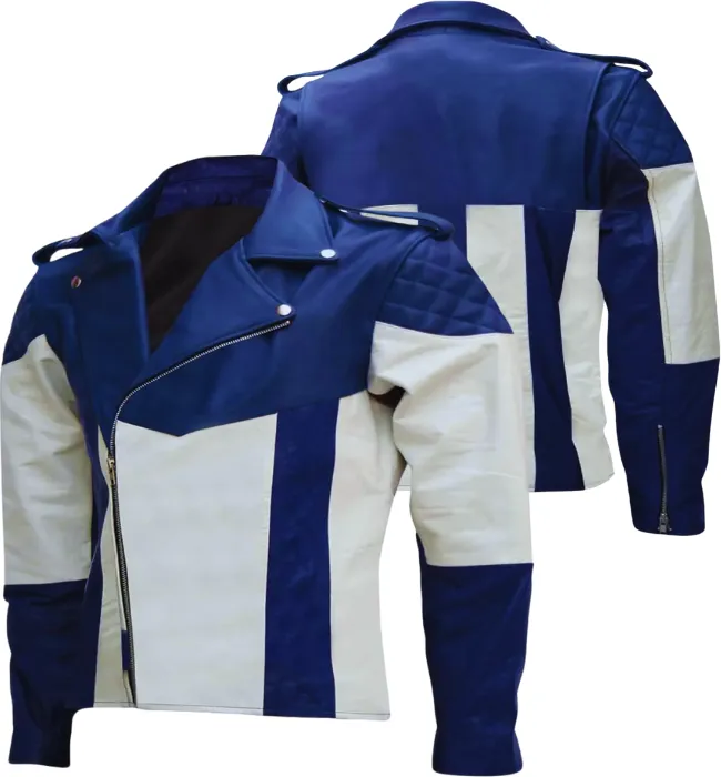 Mens Blue and White Motorcycle Leather Jacket