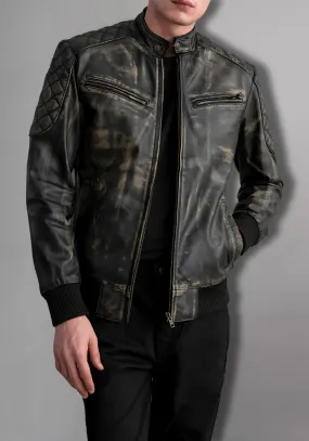 Mens Distressed Waxed Vintage Retro Motorcycle Cafe Racer Leather Jacket