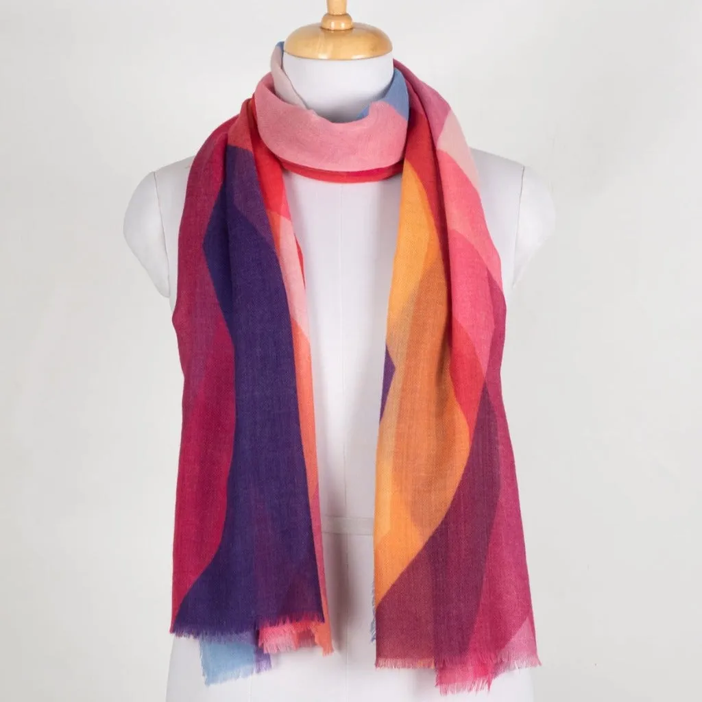 Merino Wool Scarf - Pink Multi Abstract Peaks