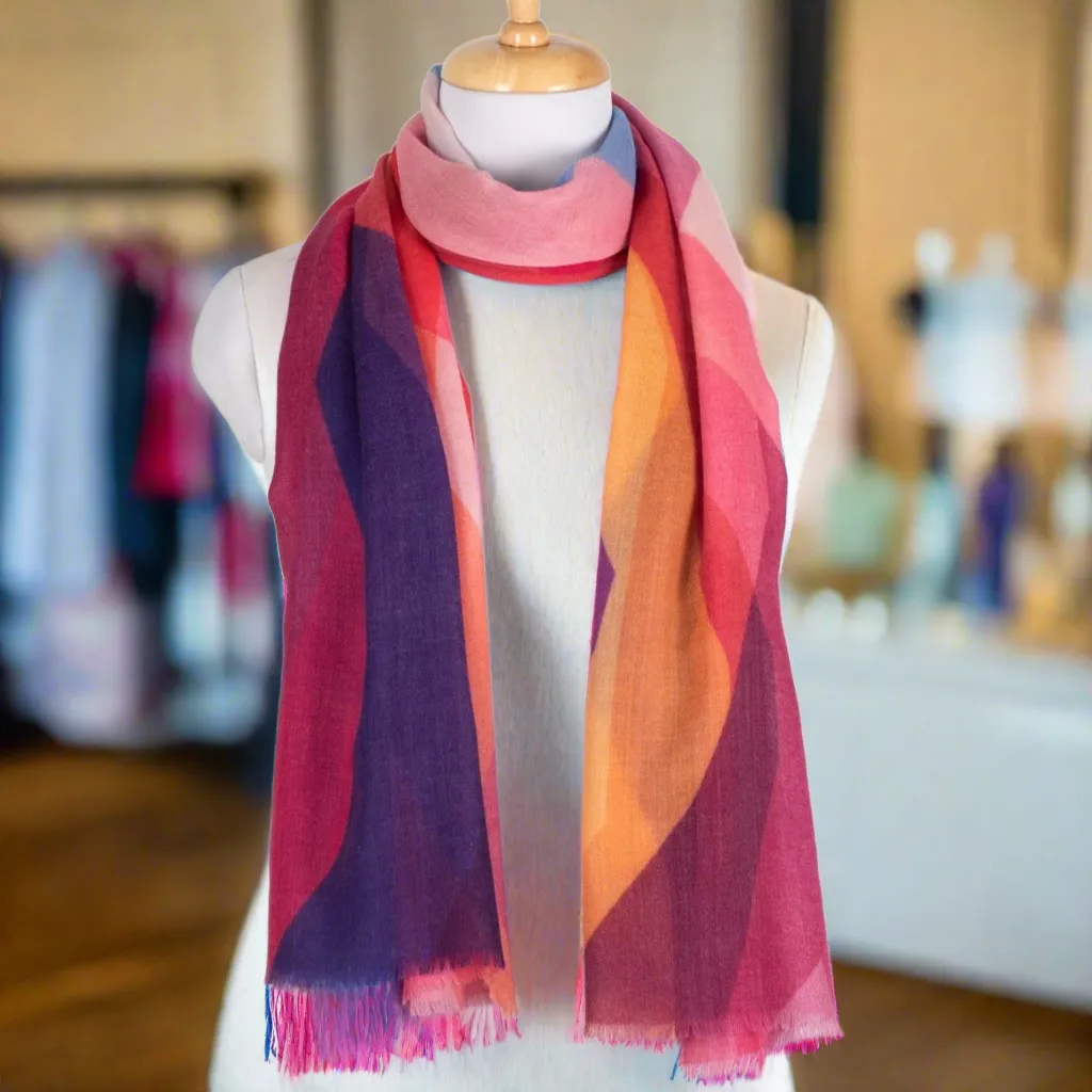 Merino Wool Scarf - Pink Multi Abstract Peaks