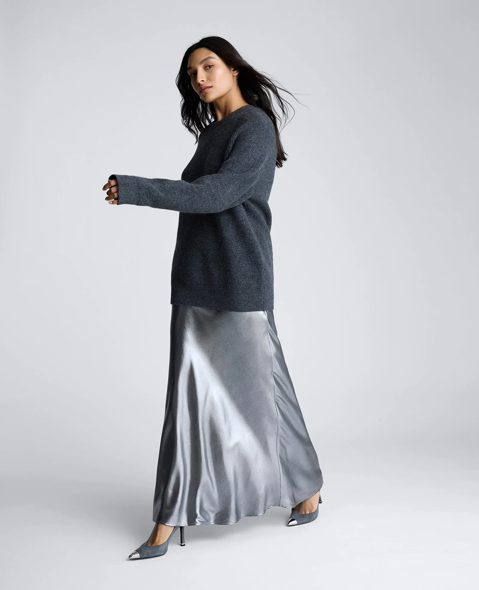 Metallic Foil Pull On Bias Flared Maxi Skirt