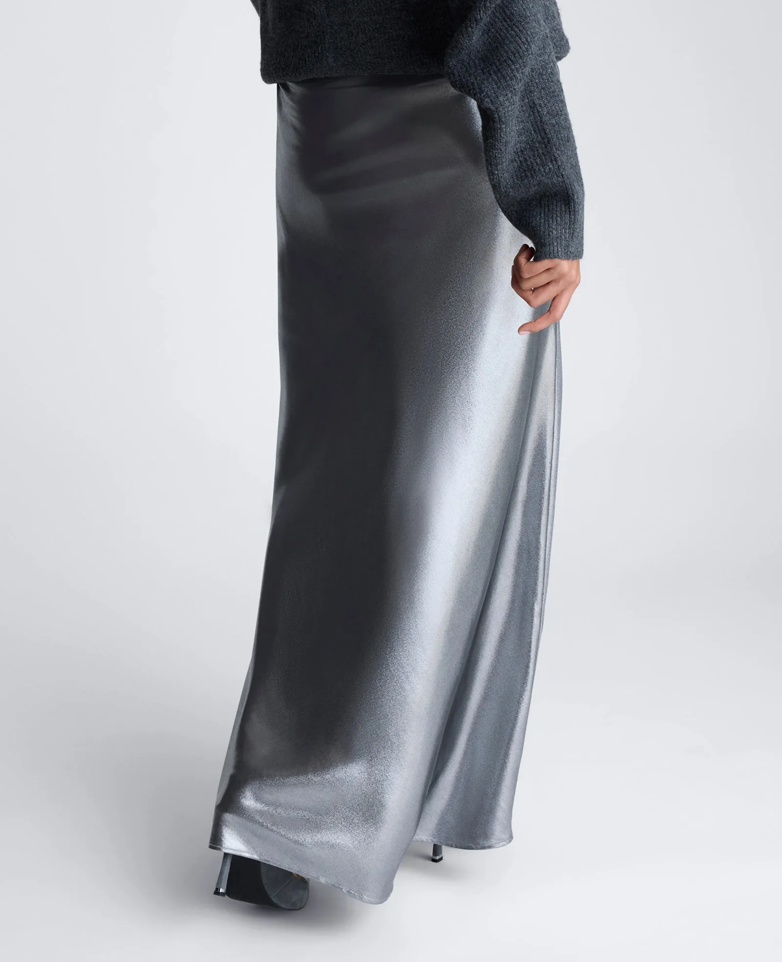 Metallic Foil Pull On Bias Flared Maxi Skirt