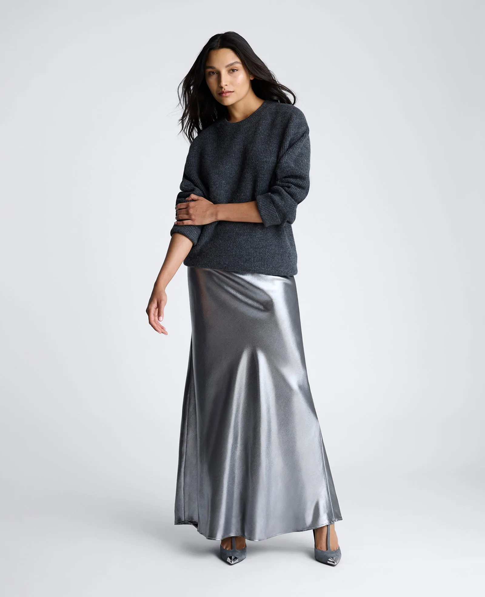 Metallic Foil Pull On Bias Flared Maxi Skirt