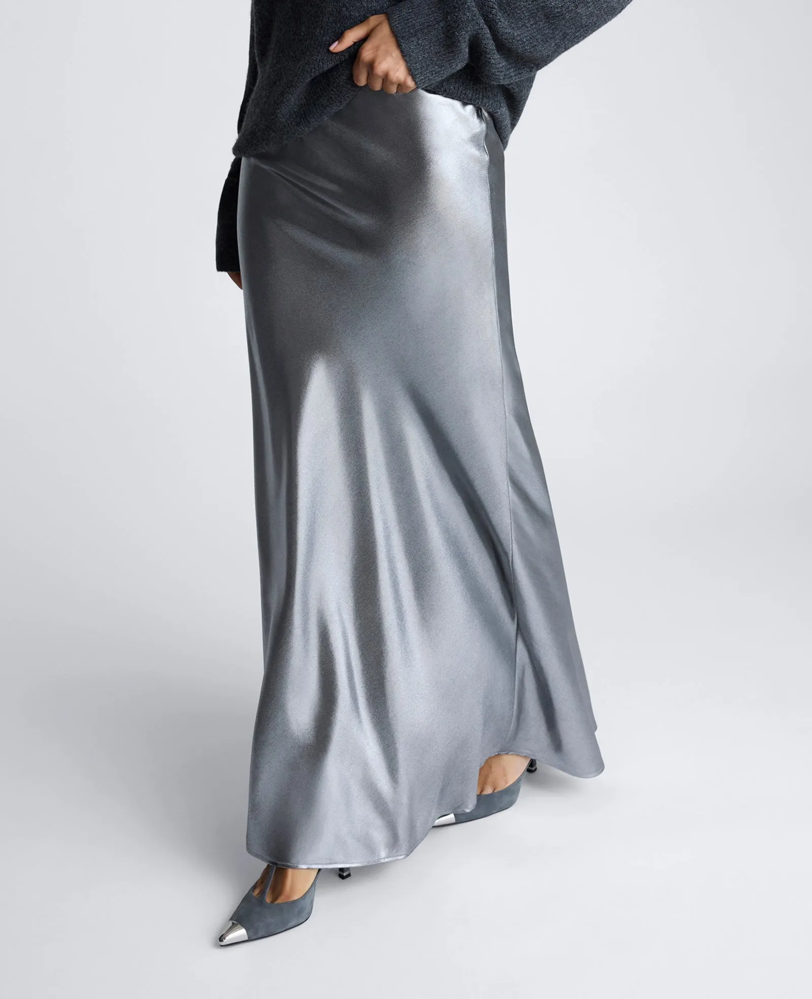 Metallic Foil Pull On Bias Flared Maxi Skirt