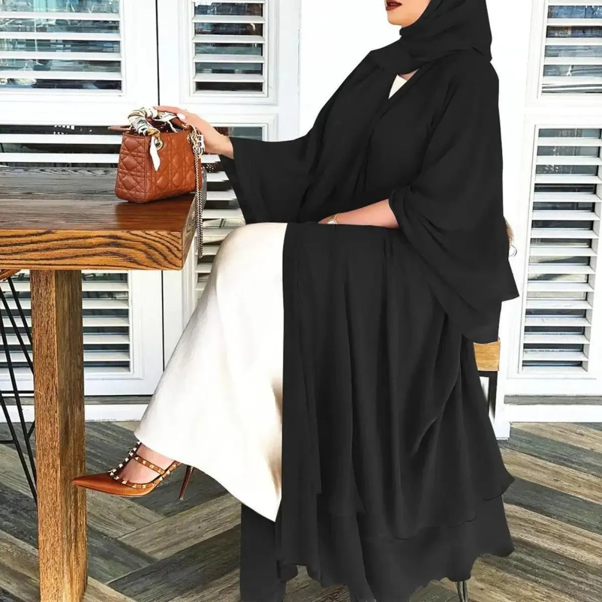 MOA002 Plain Double Layered Chiffon Open Abaya