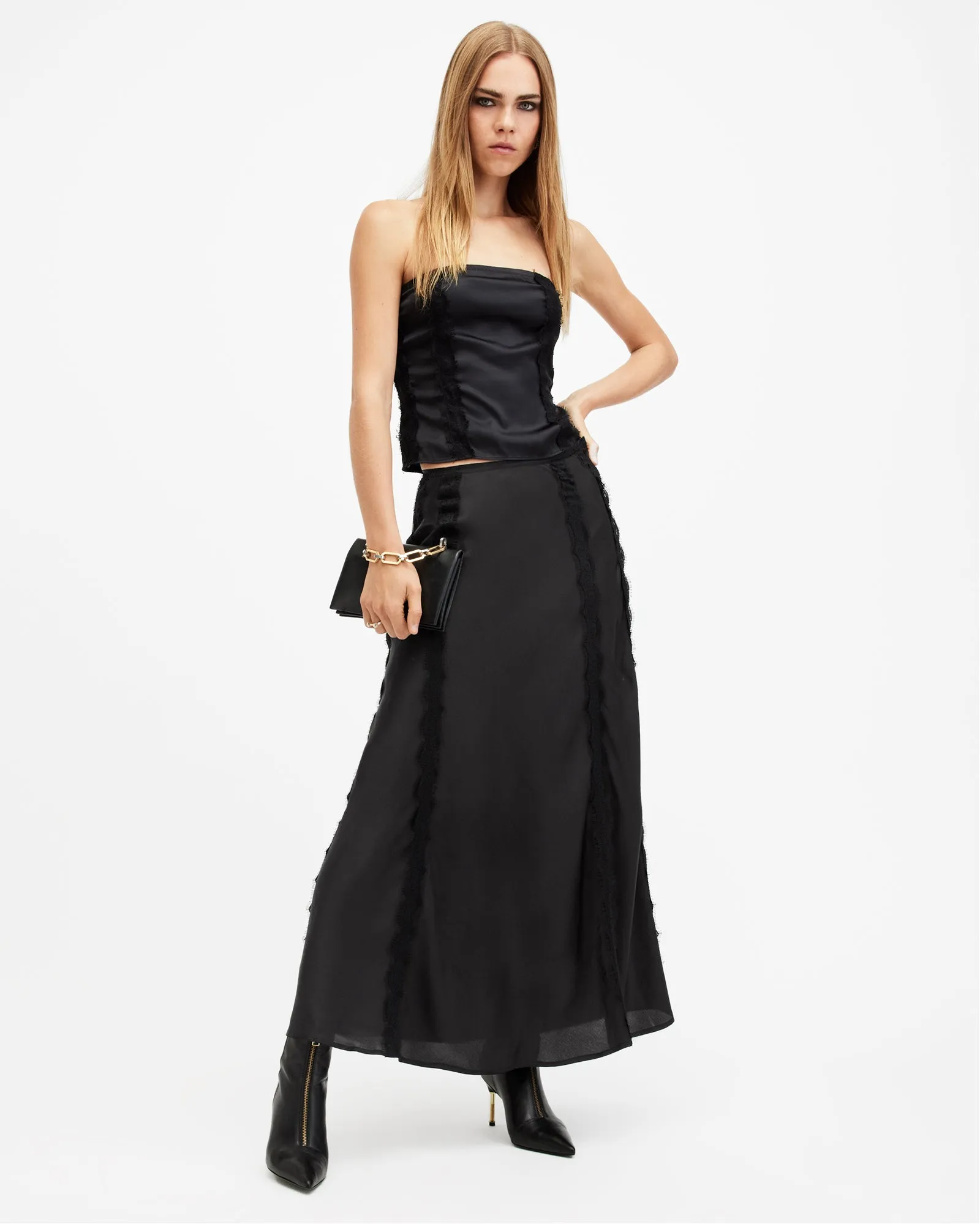 Morgan Satin Lace Panelled Maxi Skirt