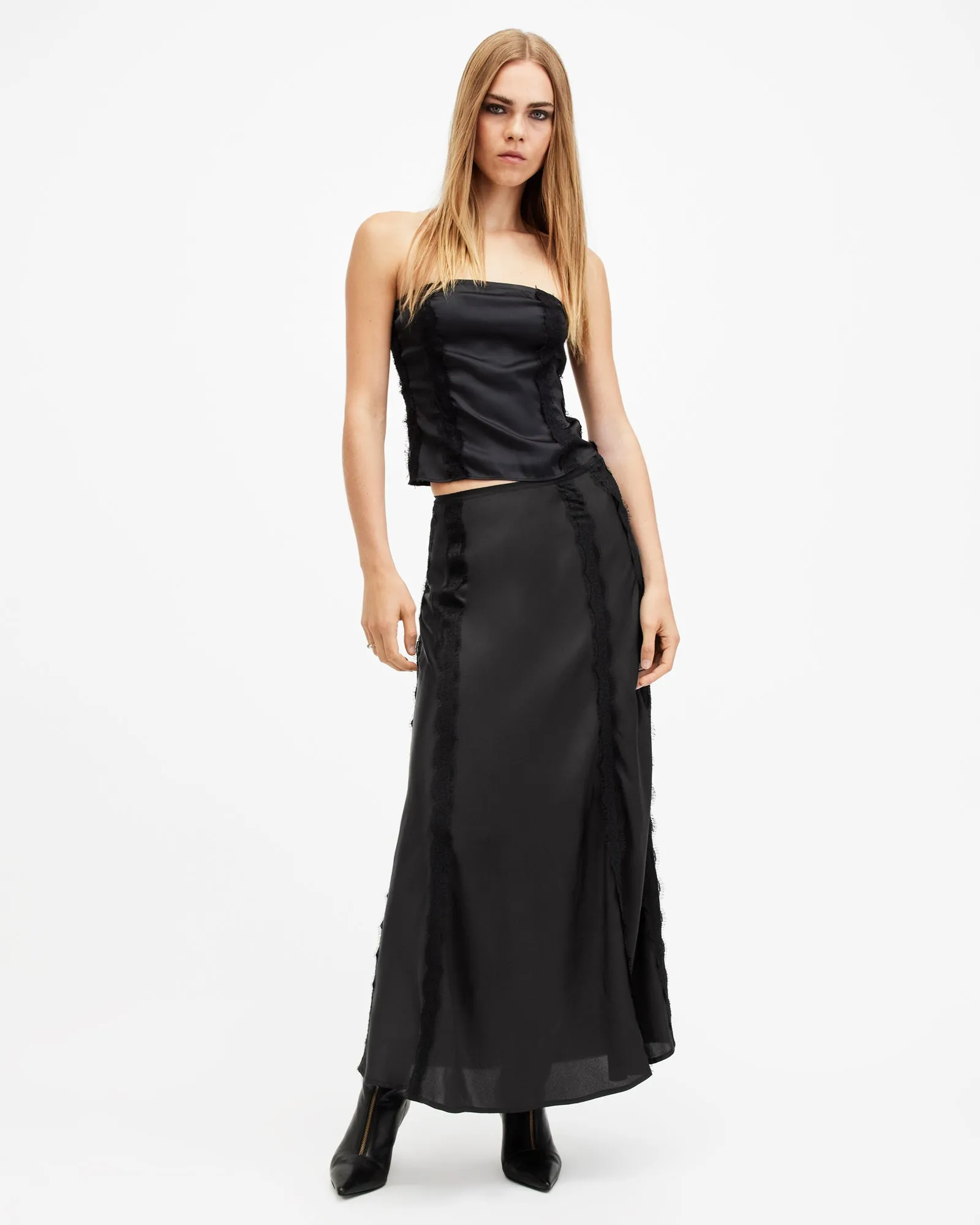 Morgan Satin Lace Panelled Maxi Skirt