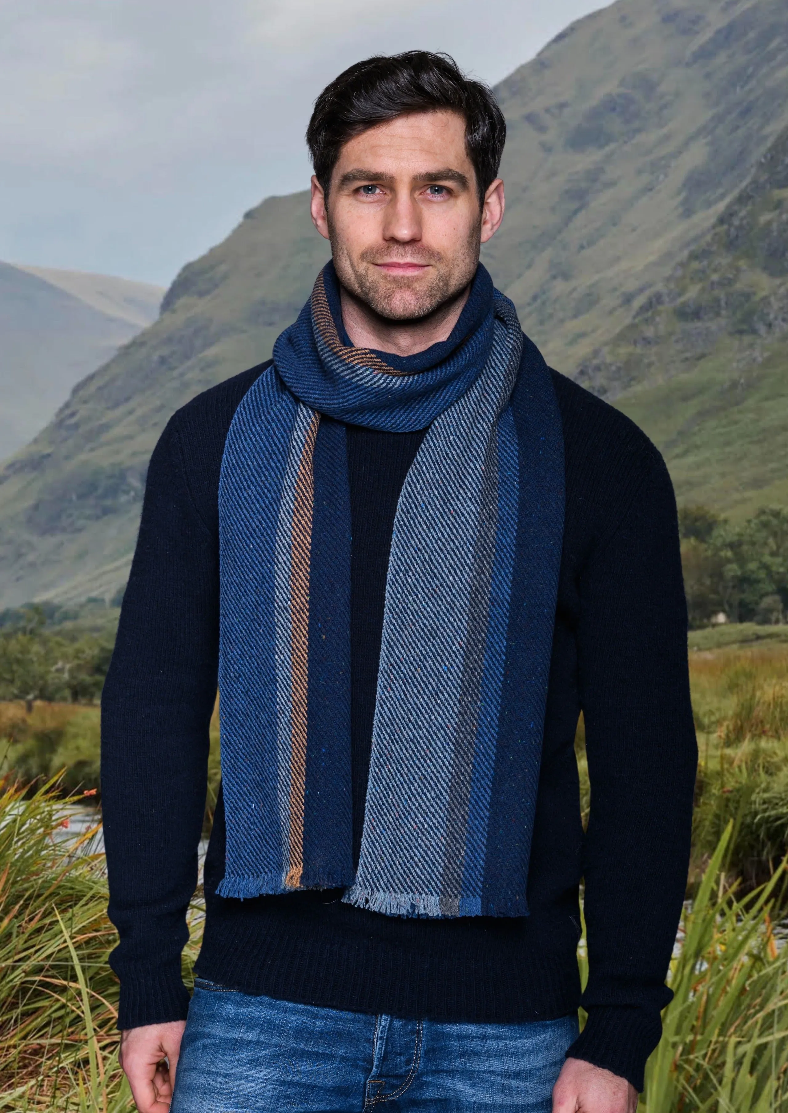 Mucros Donegal Scarf | Denim Blue Herringbone