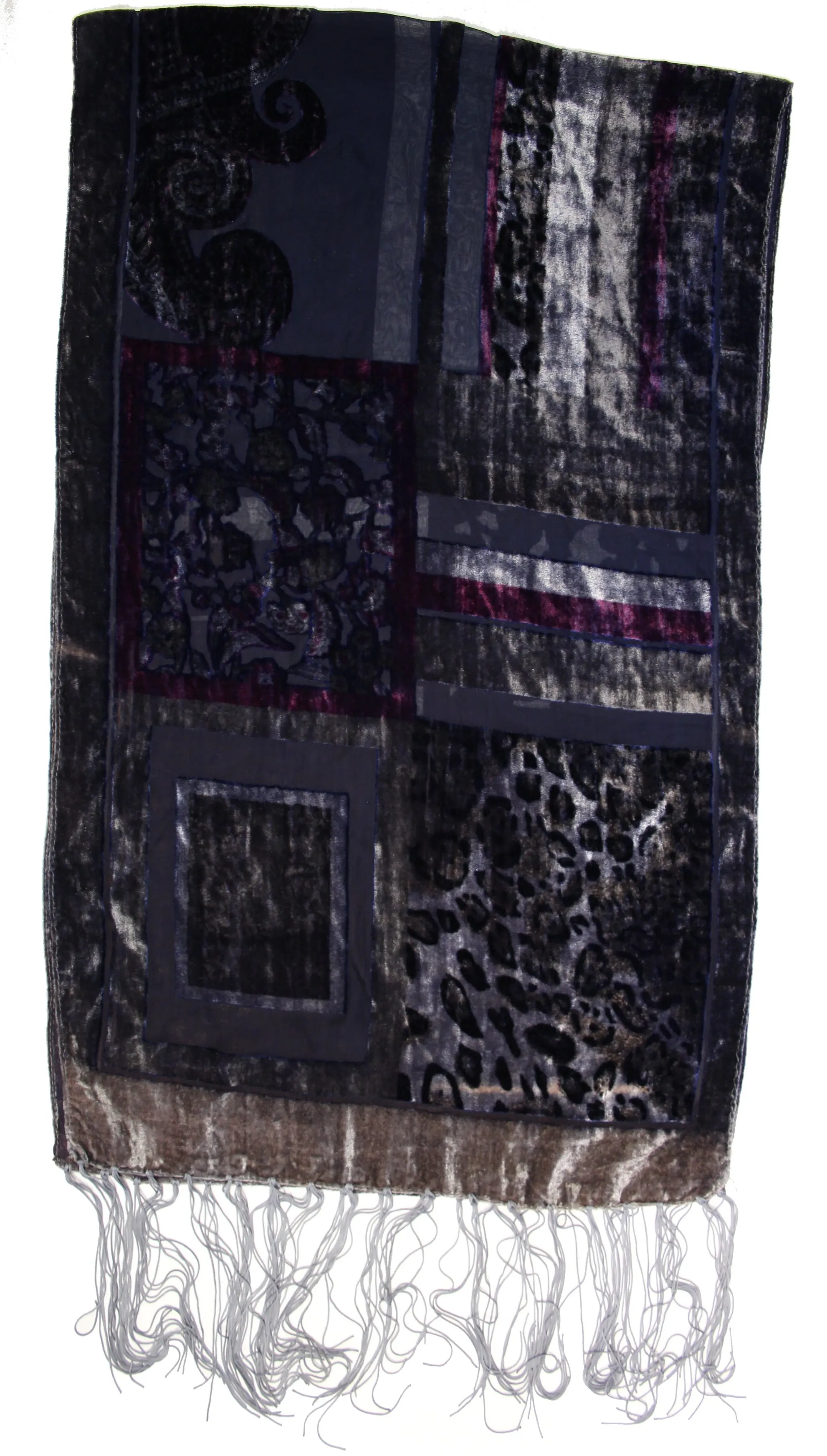 Multicoloured Rectangular Patterned Devore Velvet Scarf with Blue   Grey Boarder (160 x 48cm)