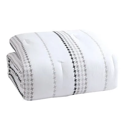 New - 12pc King Delphi Embroidered Stripe Comforter & Sheets Bedding Set - White/Gray