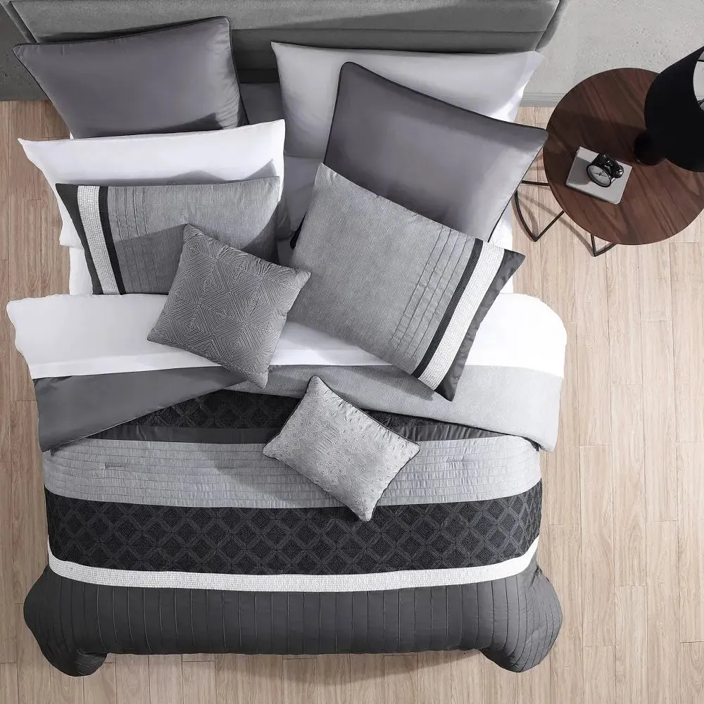 New - 12pc King Rossi Embroidered Colorblock Comforter & Sheets Bedding Set - Gray