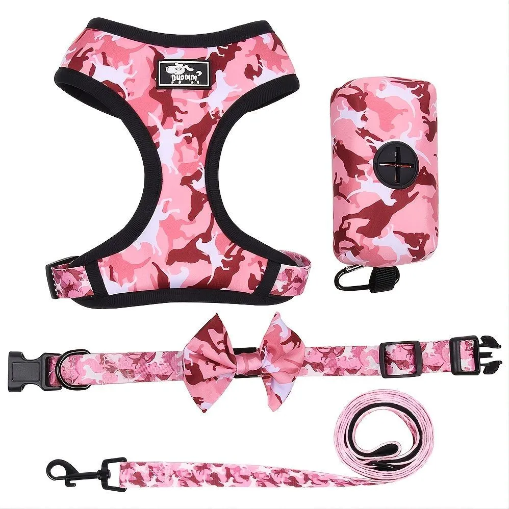 No-Pull Dog Harness Collar Leash Poop Bag - 4Pcs Set