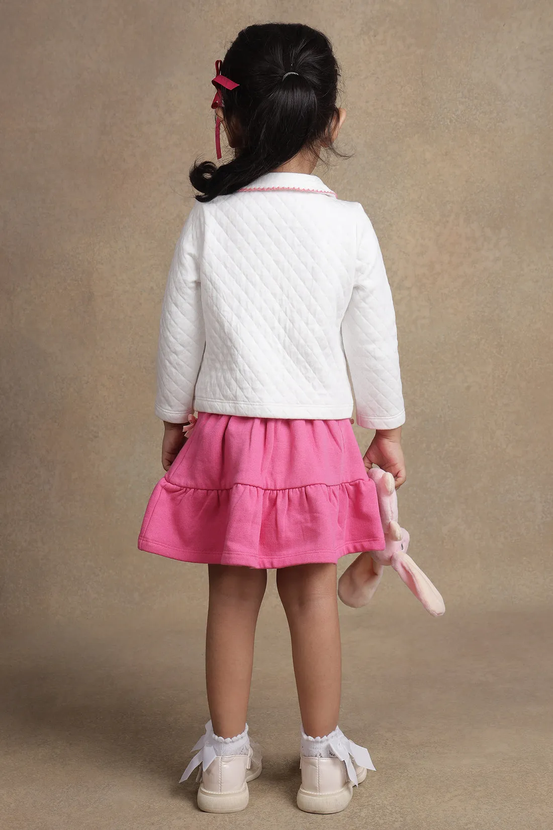 One Friday Baby Girls White Quilted Top With Pink Skirt Set