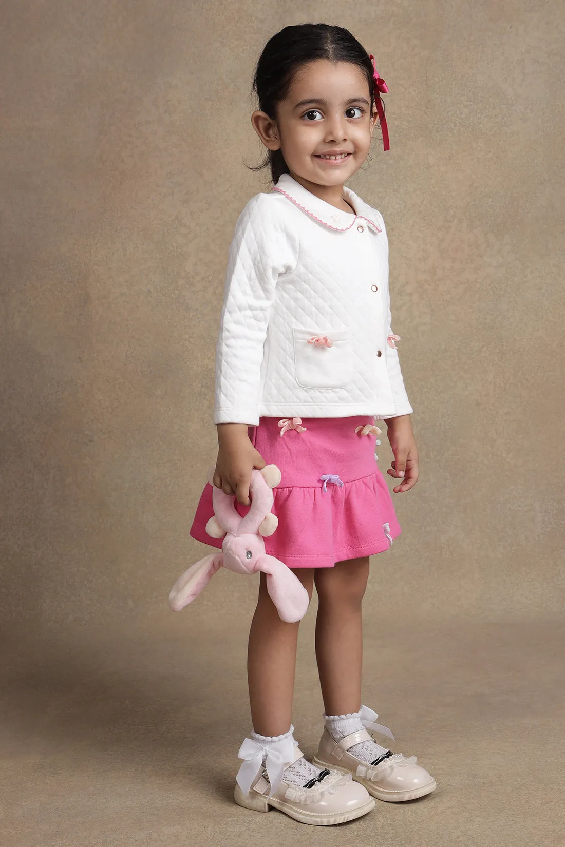 One Friday Baby Girls White Quilted Top With Pink Skirt Set