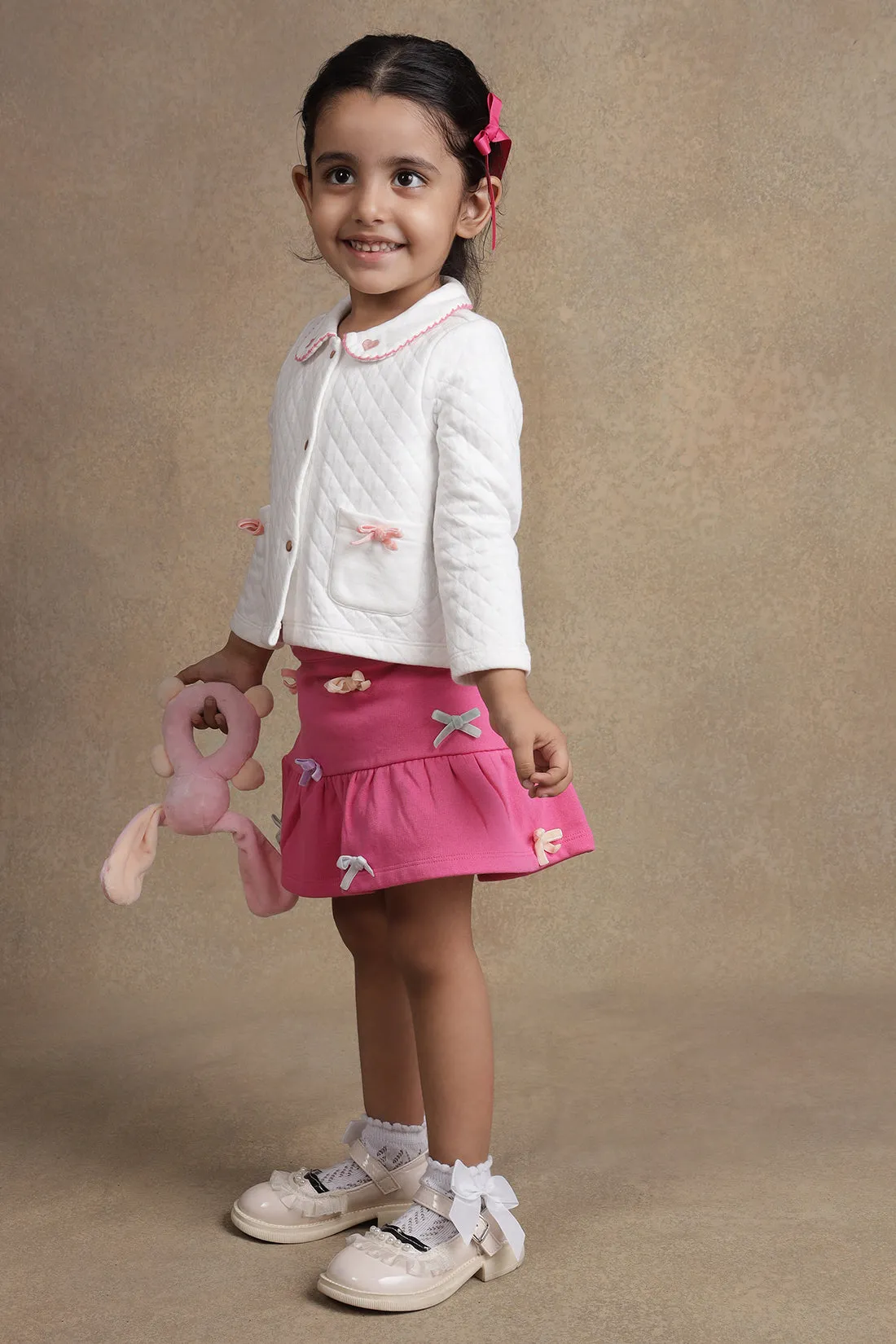 One Friday Baby Girls White Quilted Top With Pink Skirt Set