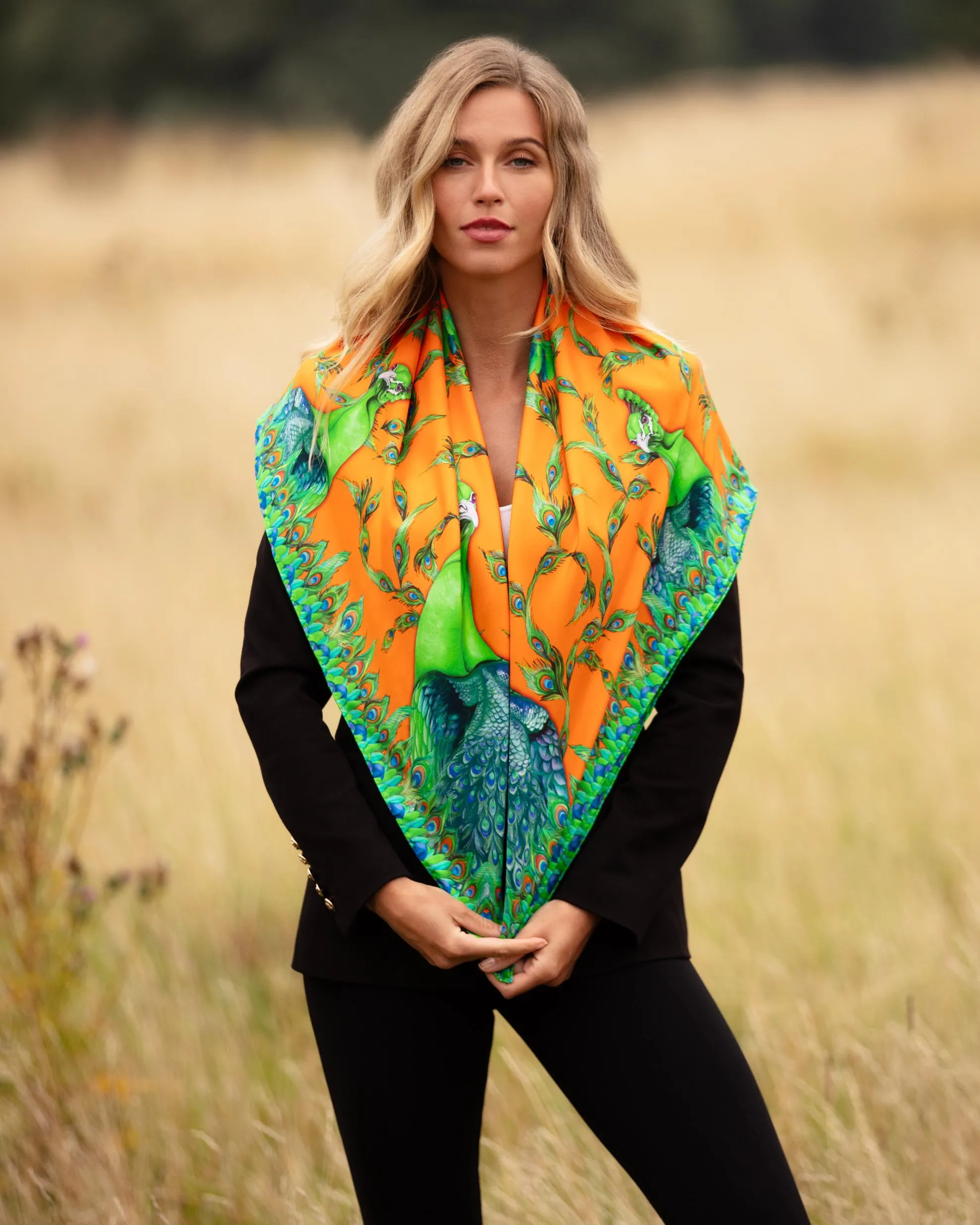 Pluming Marvellous Macarena Orange Large Square Silk Scarf