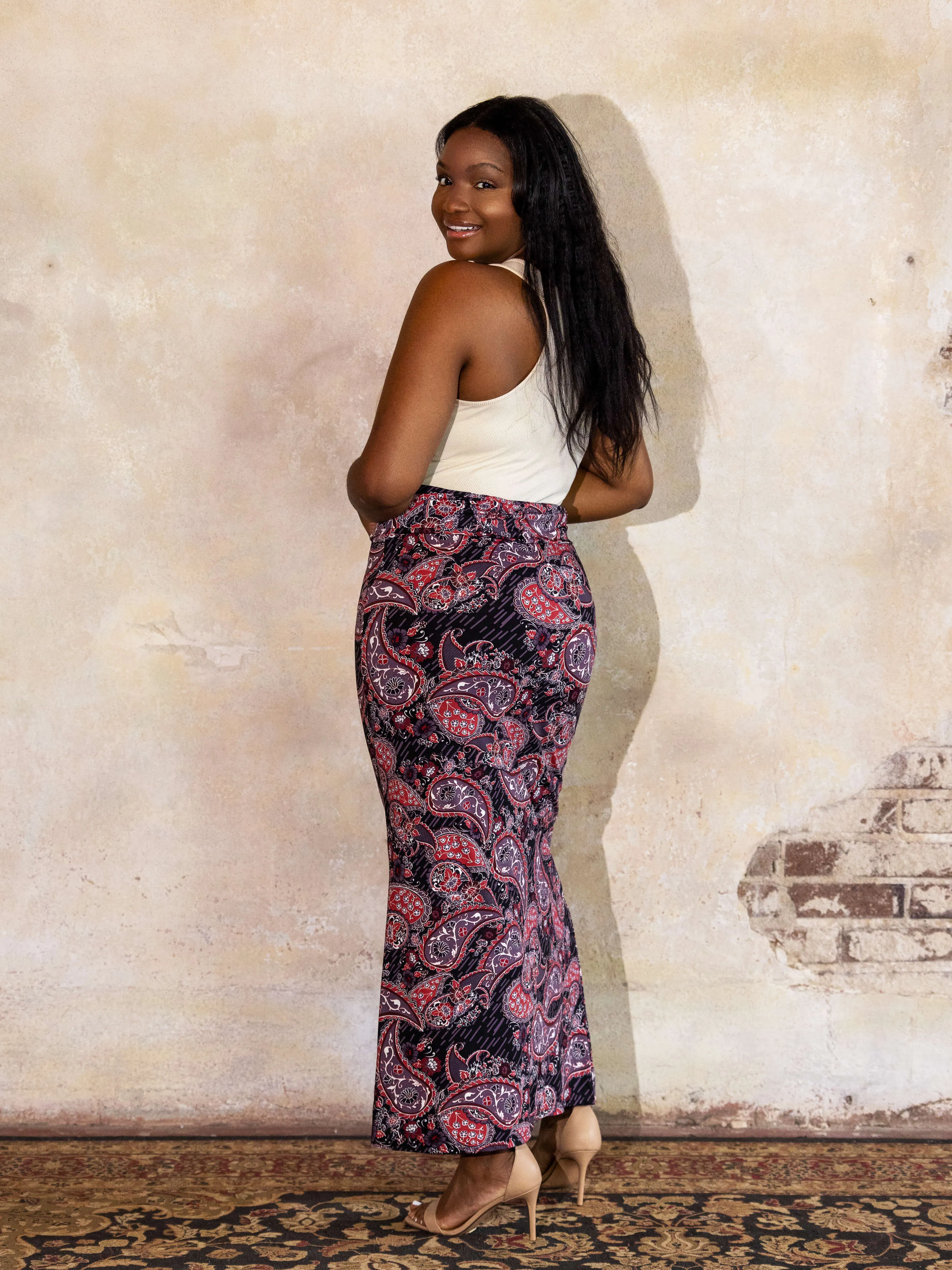 Plus Size Paisley Print Fold Over Waist Maxi Skirt