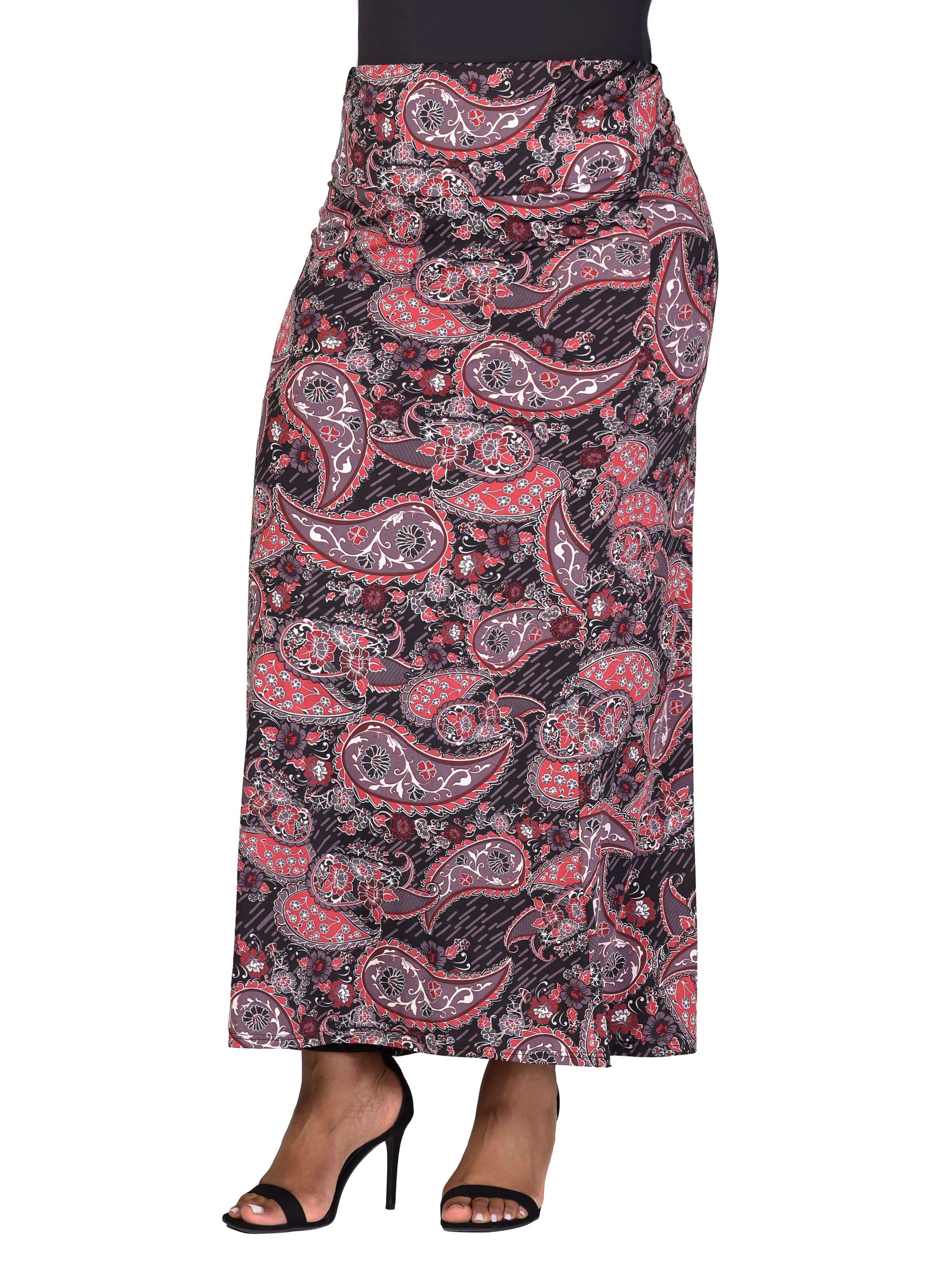 Plus Size Paisley Print Fold Over Waist Maxi Skirt