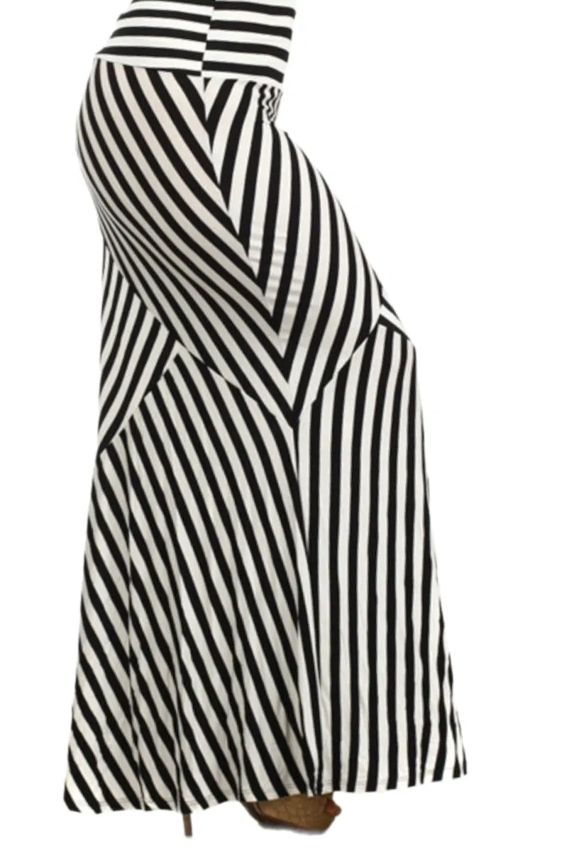 Plus Stripe Relaxed Fit A-line Maxi Skirt in Black Ivory Style 4070X