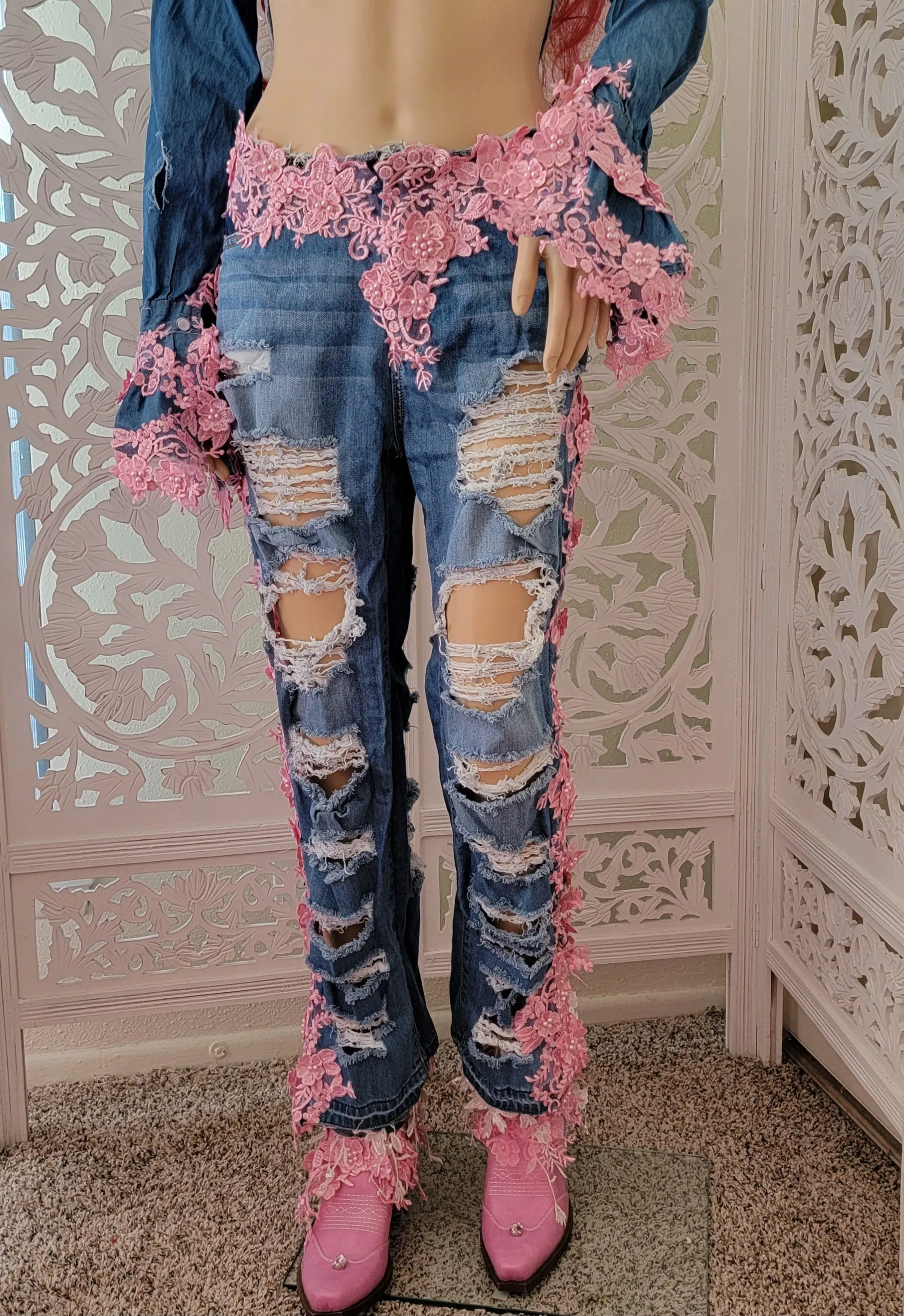 "OAKLEE" Custom Order Pink Lace Denim Jeans