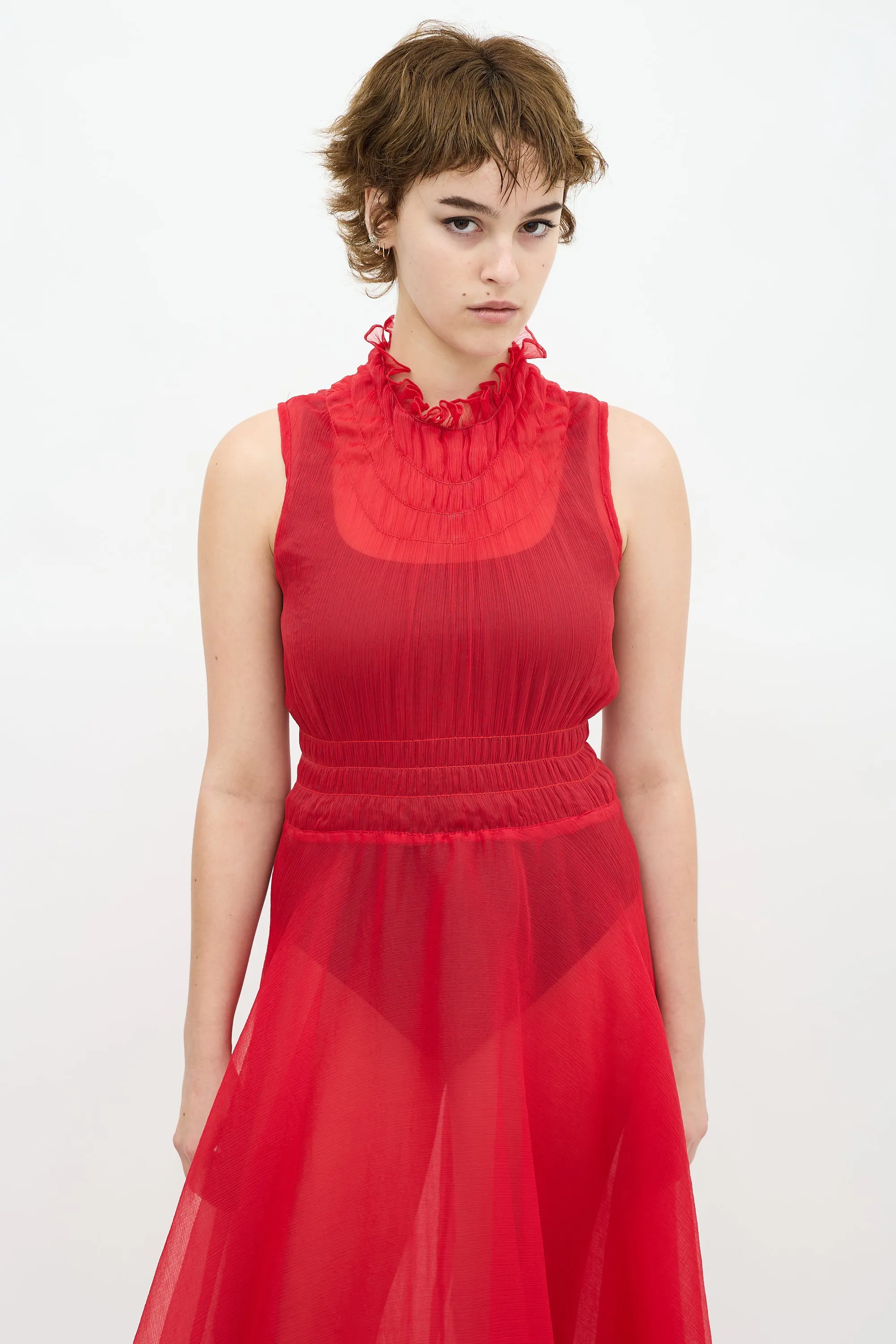 Red Sheer Mock Neck Midi Dress