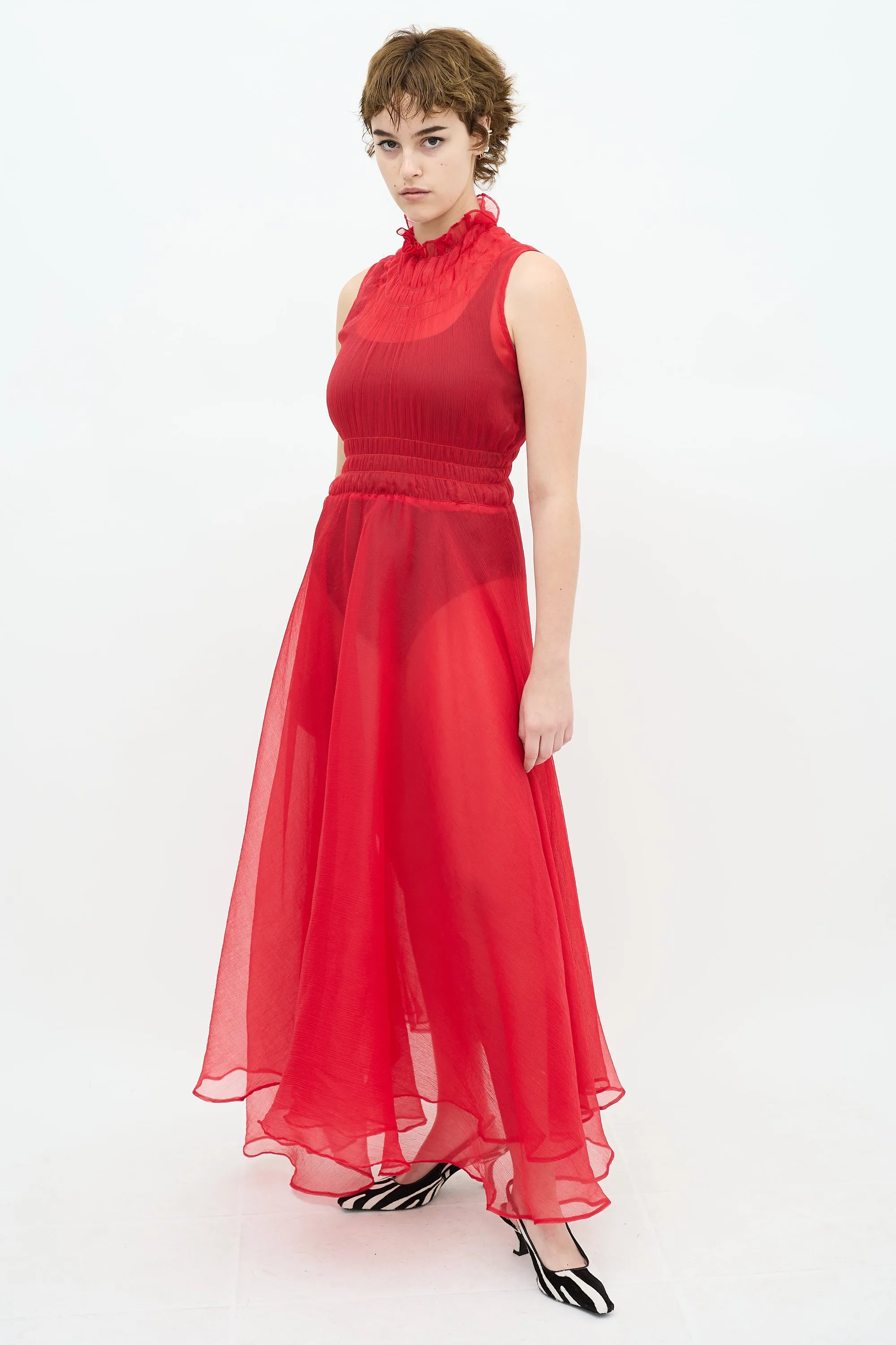 Red Sheer Mock Neck Midi Dress