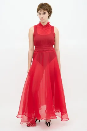 Red Sheer Mock Neck Midi Dress