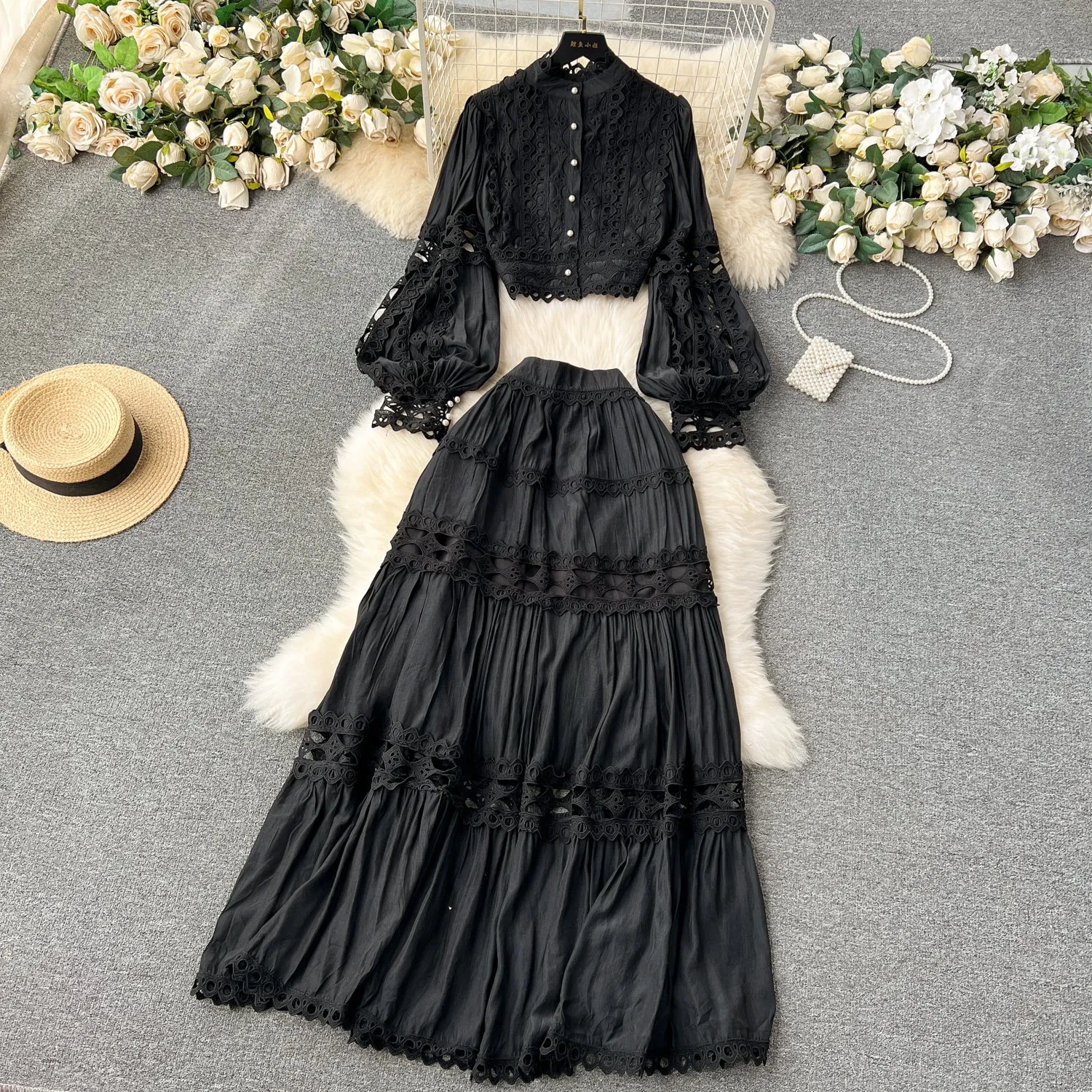 Romantic Black Boho Bell Sleeve Top & Maxi Skirt Set