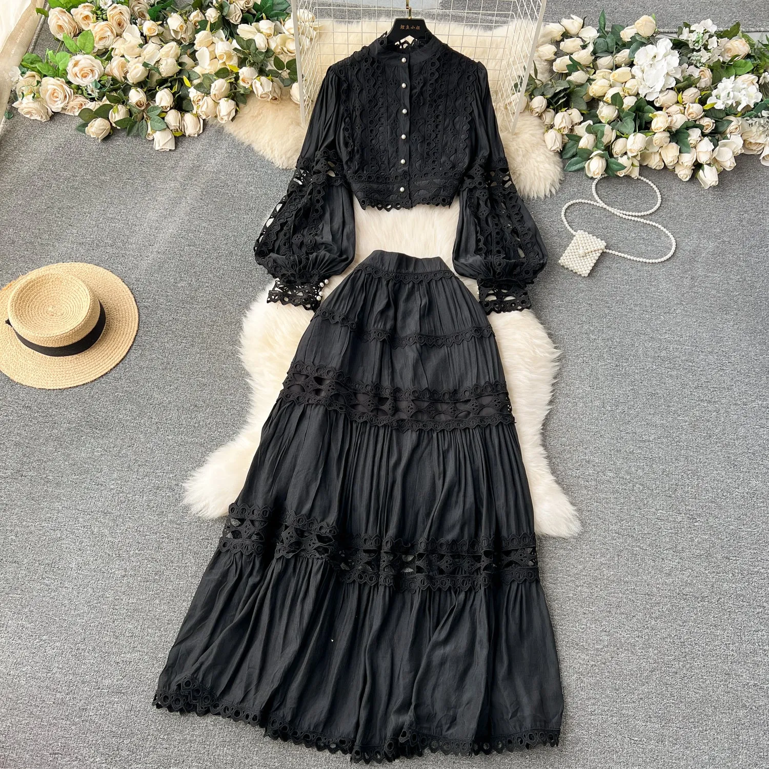 Romantic Black Boho Bell Sleeve Top & Maxi Skirt Set