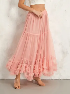 Romantic Blush Tulle Ruffle Hem Skirt