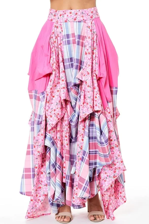 Romantic Boho Pink Plaid Asymmetrical Tov The Damsel`s Maxi Skirt