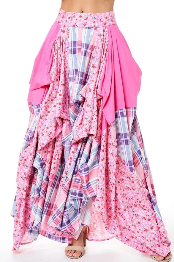 Romantic Boho Pink Plaid Asymmetrical Tov The Damsel`s Maxi Skirt