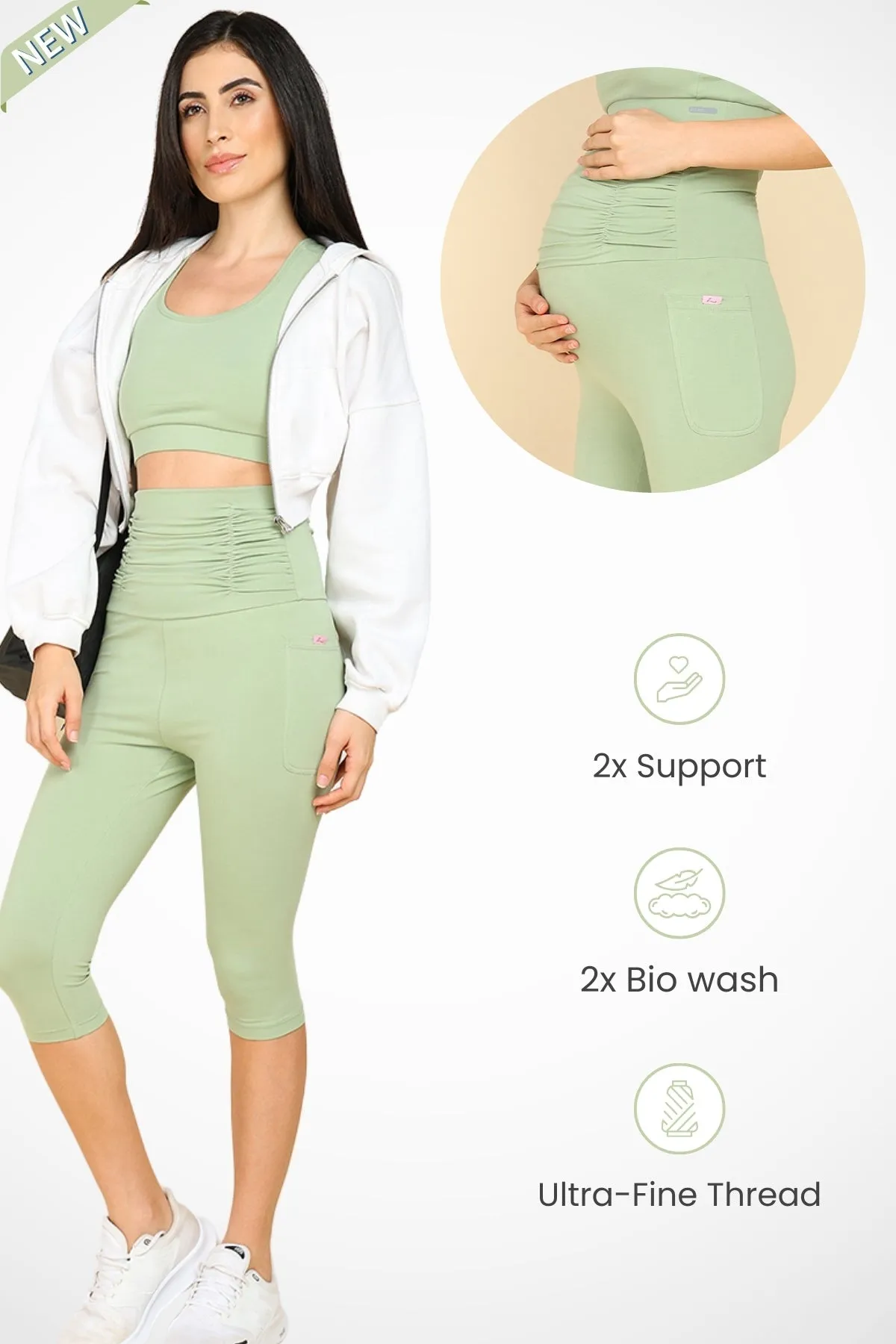 Ruched Cotton Pistachio Green Maternity Capri (Pregnancy & Postpartum)