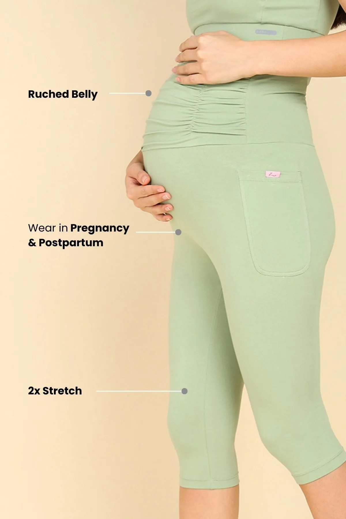 Ruched Cotton Pistachio Green Maternity Capri (Pregnancy & Postpartum)