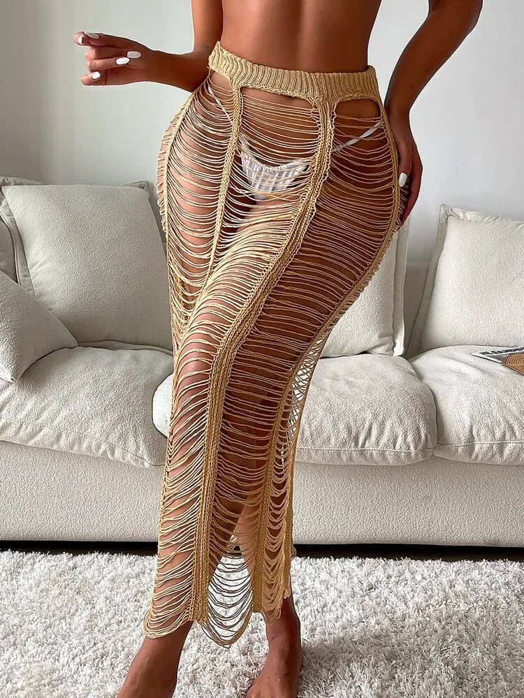 Runway fringe cutout bikini coverup maxi skirt