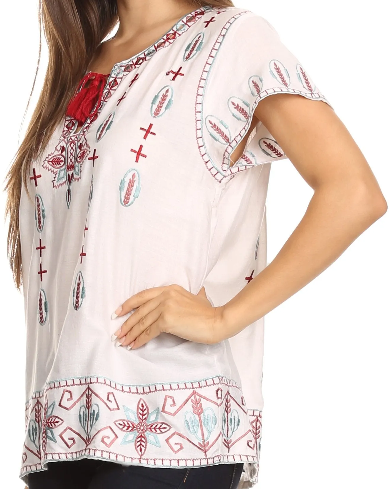 Sakkas Jile Wide Boxy Embroidered Short Sleeve Tassel Tie Top Shirt Tunic Blouse