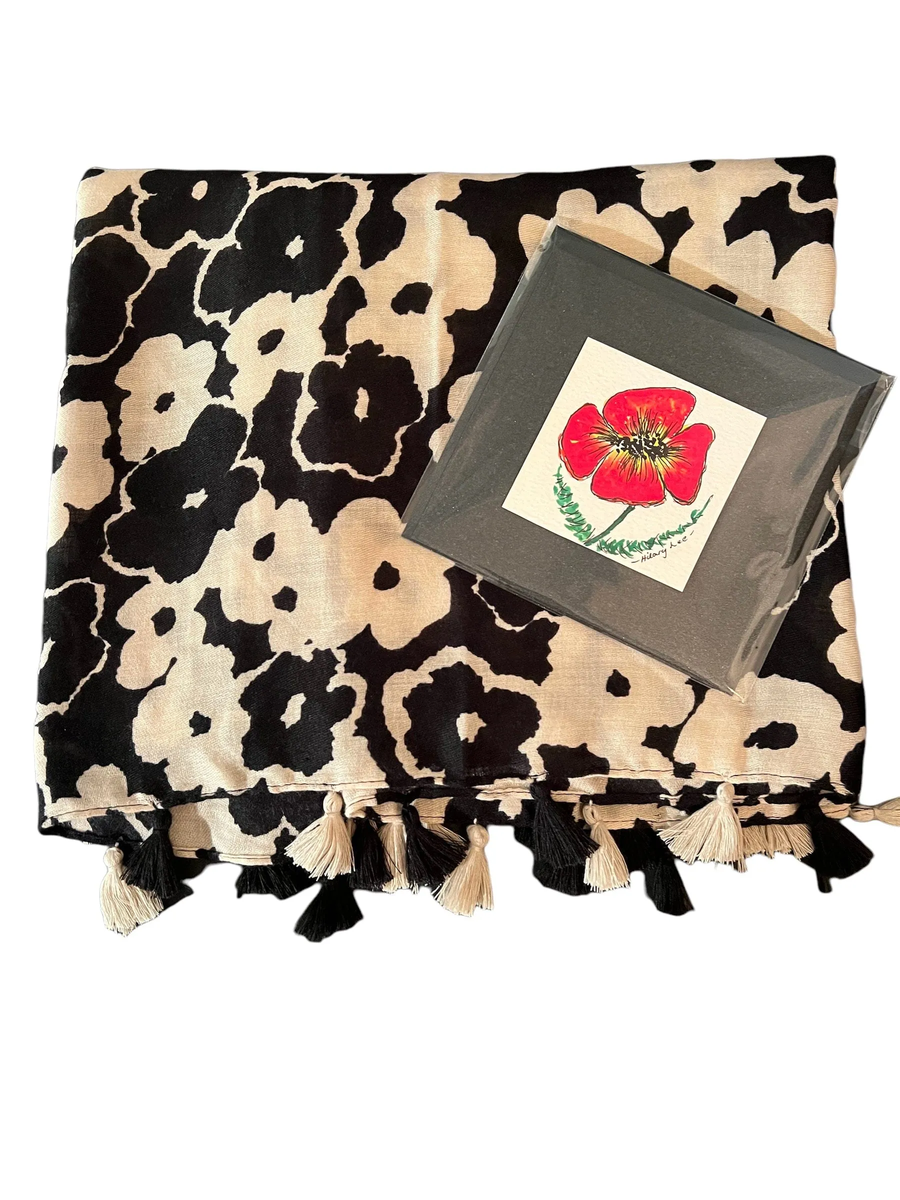 Scarf Gift Pack - Floral Scarf - Black Beige   Gift Card