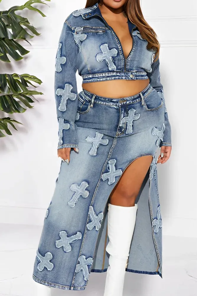 Sexy Denim Cross 2pc Jacket & Maxi Skirt Set